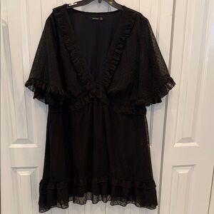 Boohoo Black Ruffle V-Neck Mini Dress with Dot Texture
